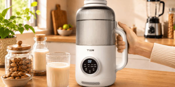 TER 40oz nut milk maker on a kitchen counter pouring fresh almond milk