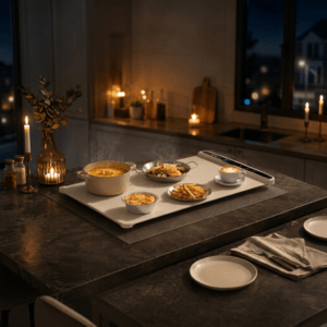 Food warming mat with heat-resistant pad set up with serving dishes on a kitchen counter