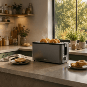 Long slot toaster on a small kitchen counter with bagels toasting and pastries warming on top