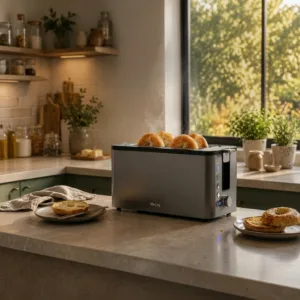 Long slot toaster on a small kitchen counter with bagels toasting and pastries warming on top