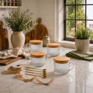 housewarming gifts for new homeowners — vintage glass mug set styled with kraft paper and ribbon