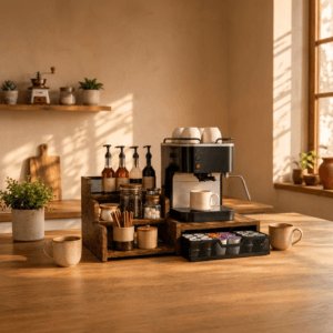 Rustic brown coffee station organizer with pod drawer and syrup rack in use