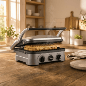 Cuisinart Griddler pressing a panini on a stainless steel cooking plate