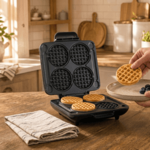 Dash Multi Mini Waffle Maker with four small waffles lifted fresh