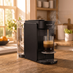 Nespresso Vertuo Up in ink black brewing coffee with Aeroccino nearby