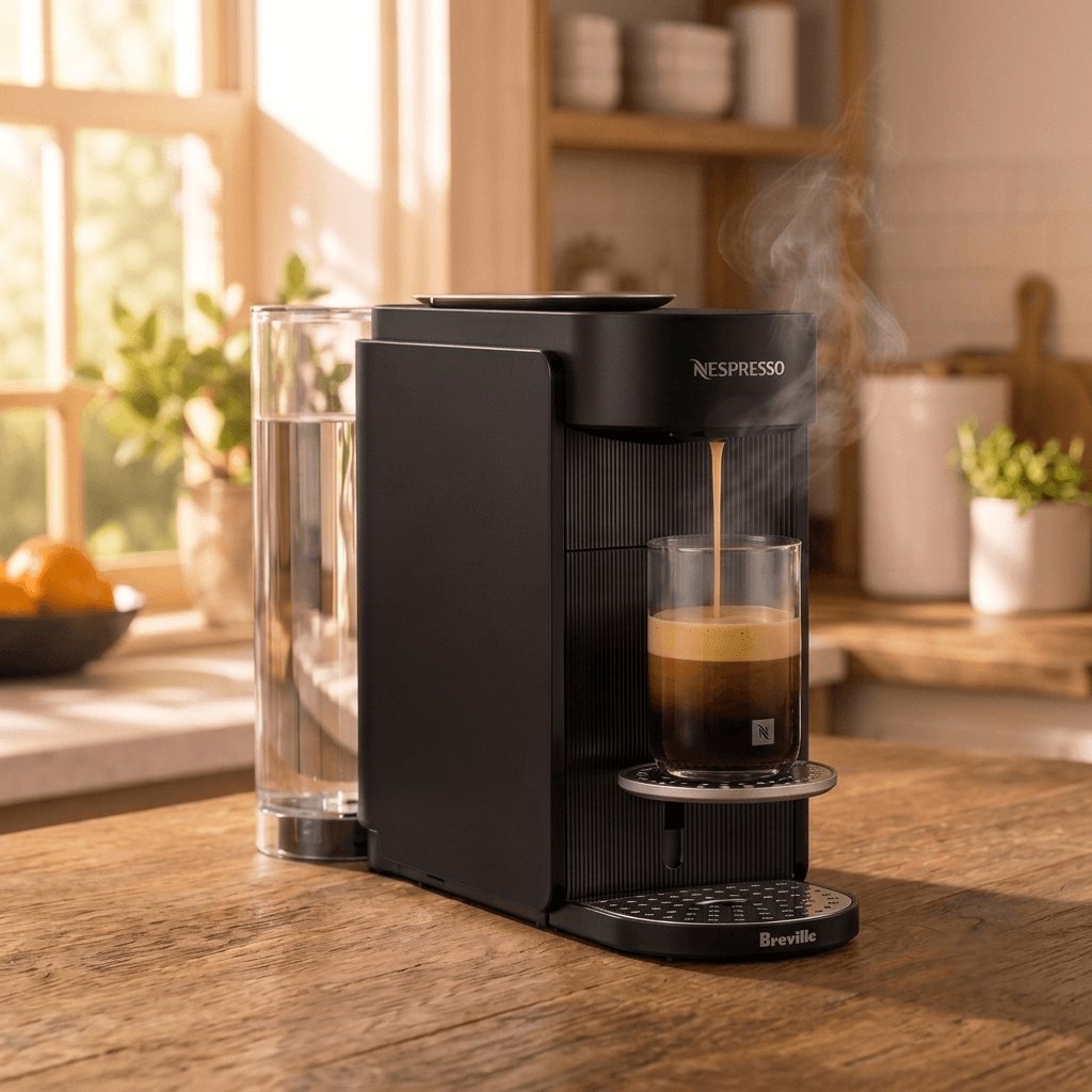 Nespresso Vertuo Up in ink black brewing coffee with Aeroccino nearby