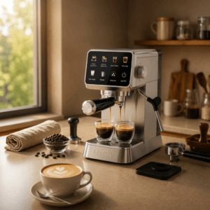 Frothed cappuccino beside compact stainless steel espresso machine