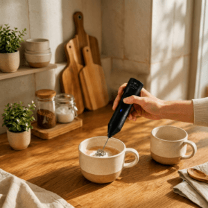 Handheld milk frother whisking foam into a morning coffee cup on a sunlit counter