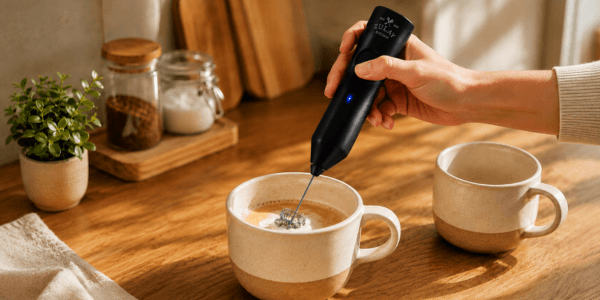 Handheld milk frother whisking foam into a morning coffee cup on a sunlit counter