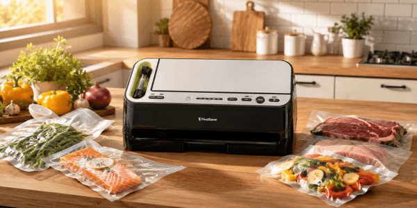 FoodSaver V4400 vacuum sealer preserving batch-cooked meals in a bright modern kitchen with organized freezer-ready food.
