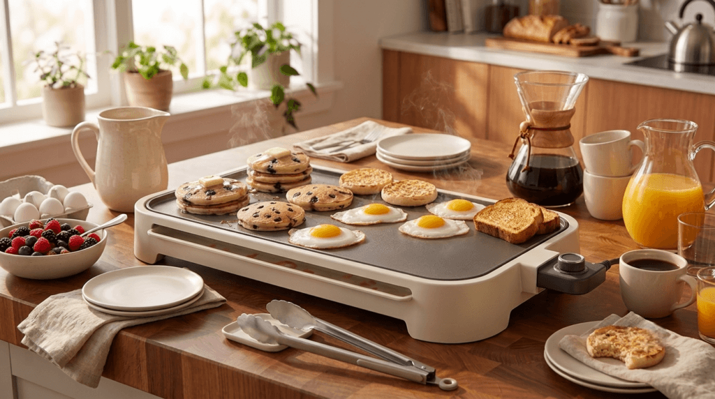 XL Martha Stewart griddle cooking a hosting-sized weekend brunch spread