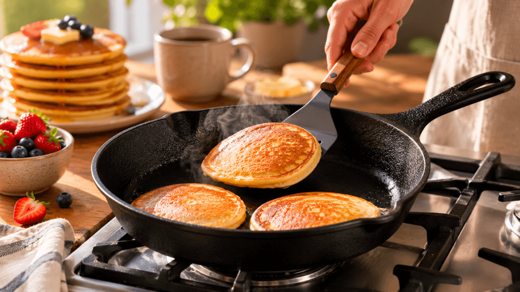 Hand sliding a spatula under pancakes on a griddle pan