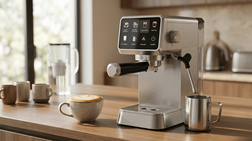Frothed cappuccino beside compact stainless steel espresso machine