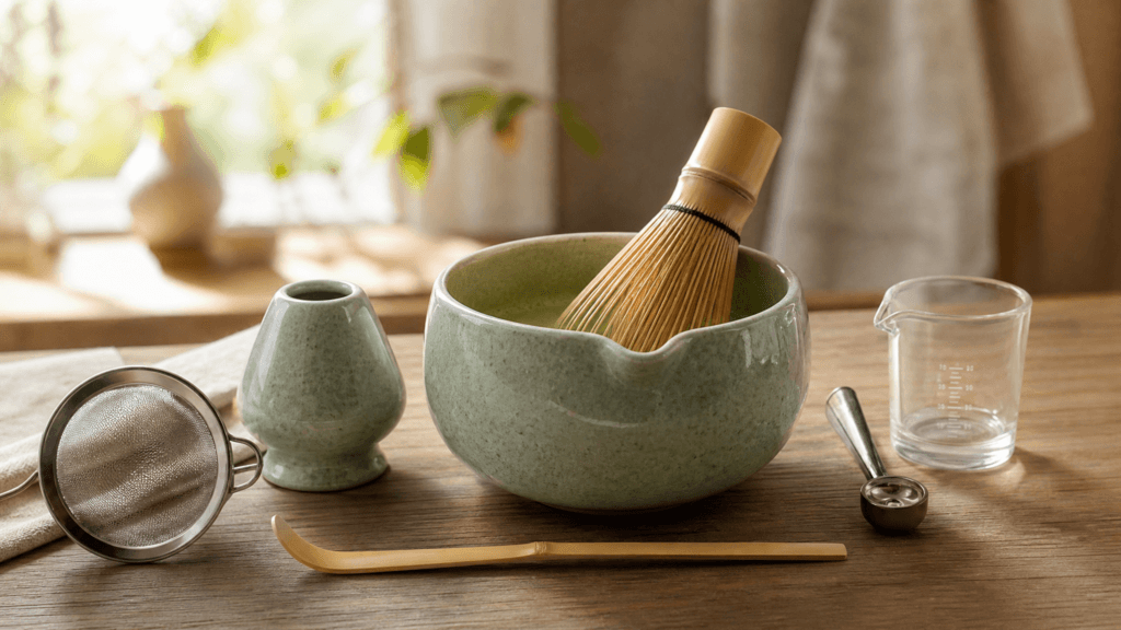 Close-up of bamboo whisk foaming matcha in ceramic bowl