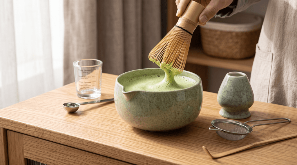 Matcha whisk set tools arranged beside a poured cup of tea