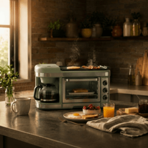 Compact breakfast station on a small kitchen counter in morning light