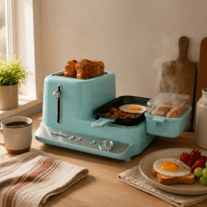 Nostalgia Retro 3-in-1 Breakfast Station toasting bread with eggs cooking on griddle