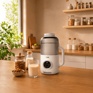 TER 40oz nut milk maker on a kitchen counter pouring fresh almond milk