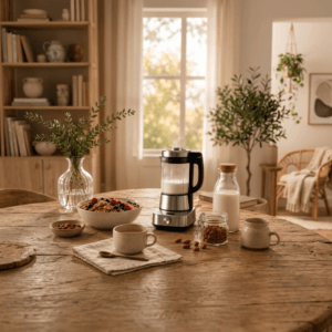A milk maker machine on a kitchen counter during a calm morning routine