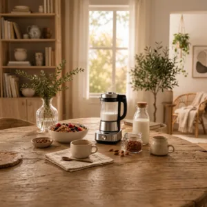 A milk maker machine on a kitchen counter during a calm morning routine