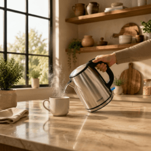 Cosori stainless steel electric kettle mid-pour on a breakfast counter
