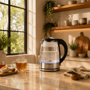 Cuisinart glass electric kettle glowing on a breakfast counter