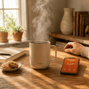 Ember Smart Mug 2 in sandstone finish on a breakfast table with morning light