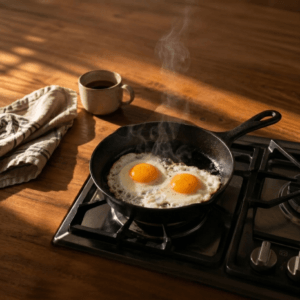 Breakfast cookware skillet on a stovetop with morning light, eggs cooking