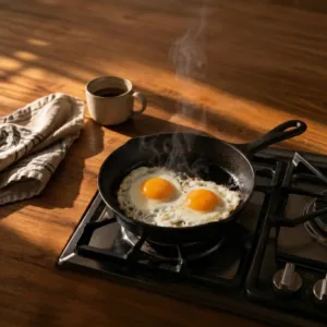 Breakfast cookware skillet on a stovetop with morning light, eggs cooking