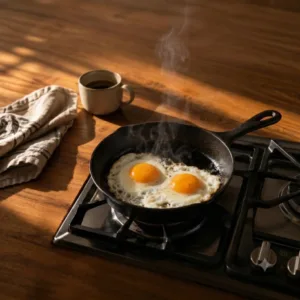 Breakfast cookware skillet on a stovetop with morning light, eggs cooking
