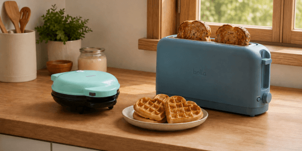 Slim toaster and small treat maker sharing one narrow kitchen counter