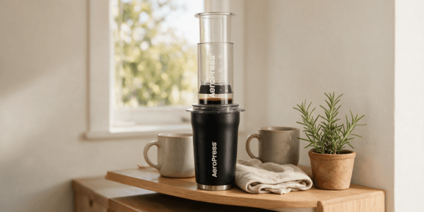 Black travel coffee press and steel tumbler brewing on a small kitchen counter at sunrise