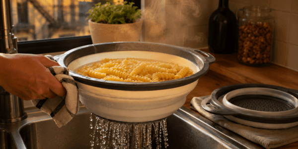 Pasta draining in a collapsible colander over a kitchen sink at dusk