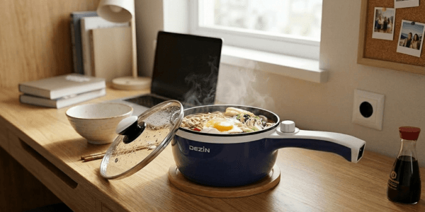 Navy non-stick electric pot simmering ramen on a small dorm desk