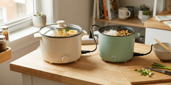 Two mini electric hot pots side by side on a small counter, — how to choose a mini electric hot pot