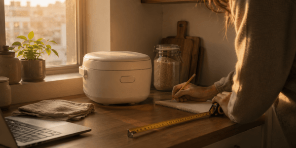 Person with tape measure and notebook choosing how to choose a mini rice cooker on a small autumn-lit kitchen counter