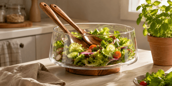 Large glass salad bowl with acacia wood base filled with fresh greens on a small kitchen counter