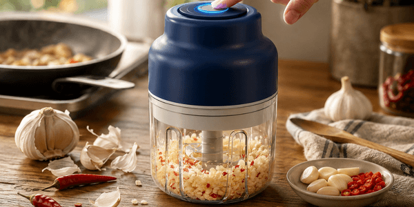 Mini electric garlic chopper mincing fresh garlic on a small studio kitchen counter, cordless and compact