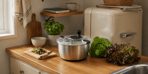 Stainless steel salad spinner with transparent lid on a kitchen counter with fresh greens