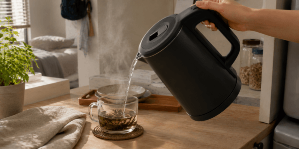 Compact 1.0L electric kettle pouring hot water over tea in a small studio kitchen corner