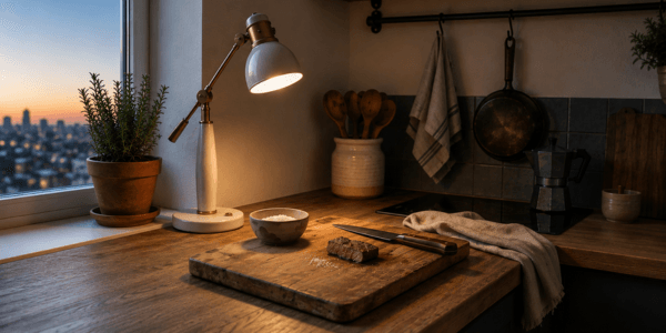 Cozy studio apartment kitchen at dusk — one small lamp warming open shelves above a waiting cutting board