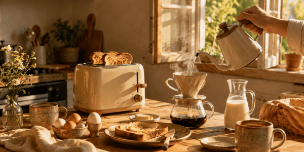 Sunlit breakfast station scene with toast, pour-over kettle, and homemade nut milk on a calm wooden counter