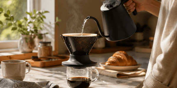 Hands pouring hot water into a spiral rib coffee dripper over a single cup at a sunlit breakfast counter