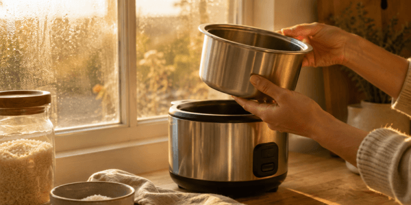 Hands lifting a mini rice cooker inner pot into amber autumn light — what makes a good mini rice cooker, felt up close.
