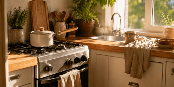 Tiny kitchen living: morning light on a two-burner stove, saucepan and folded linen towel in a compact studio