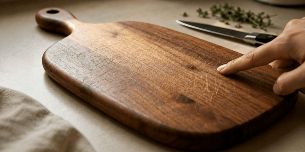 Wooden cutting board patina in close-up, knife marks and oiled walnut grain catching soft window light