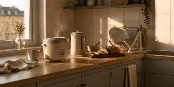 Minimalist small kitchen at golden hour — compact appliances, walnut board, and soft light on an uncluttered counter
