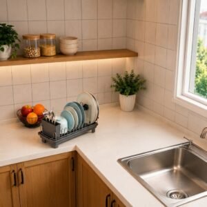 The compact dish racks styled on a small kitchen counter
