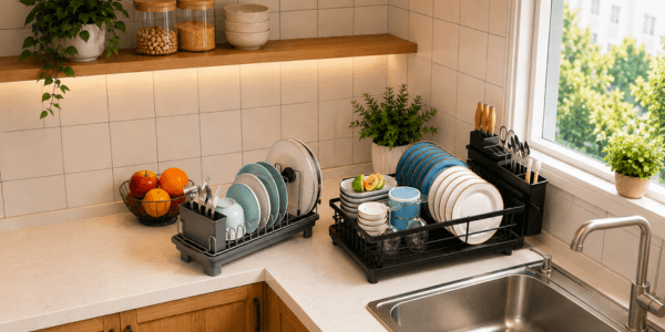 Two compact dish racks styled together on a small kitchen counter