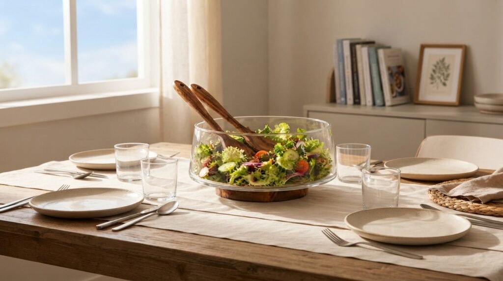 Acacia wood base salad bowl set with spoon and fork on a dinner table for family gathering